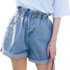 Plaid & Plain Women High Waister Paperbag Denim Jean Shorts XS